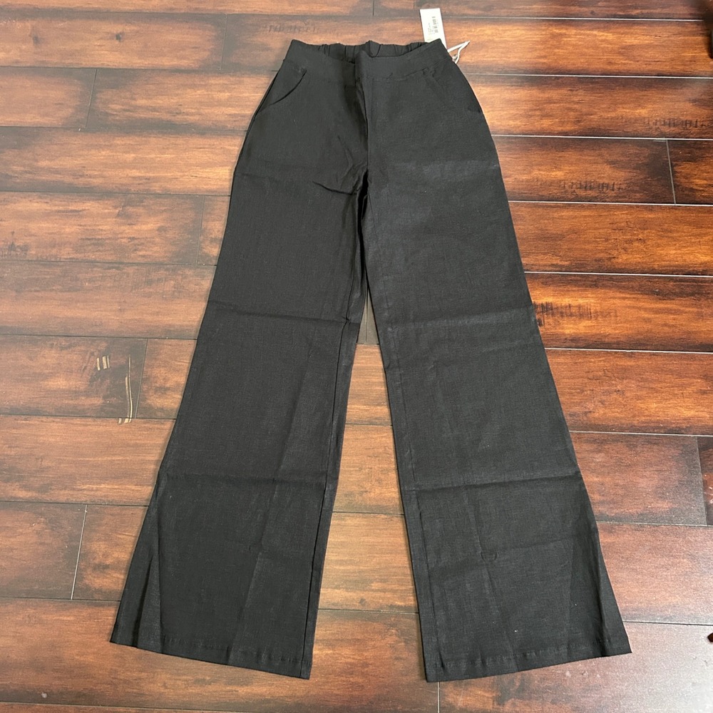 NWT KiraGrace Ravello Linen Pant Womens XS Black Wide Leg Trousers Minimalist